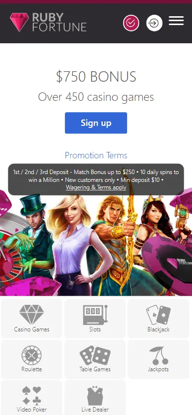 Ruby Fortune Casino games screen on a mobile device