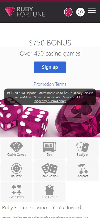 Ruby Fortune Casino home screen on a mobile device