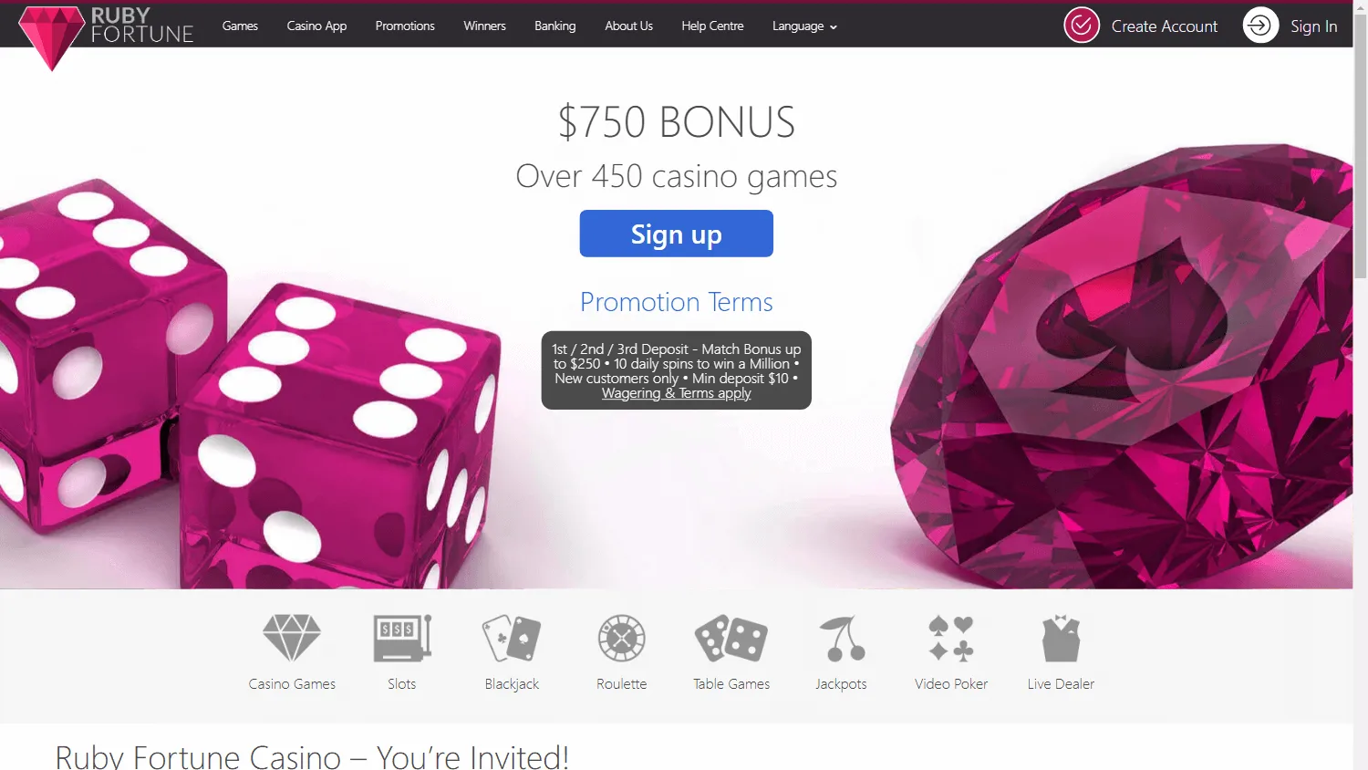 Ruby Fortune Casino home screen on desktop