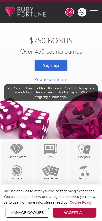 Ruby Fortune Casino promotions screen on a mobile device